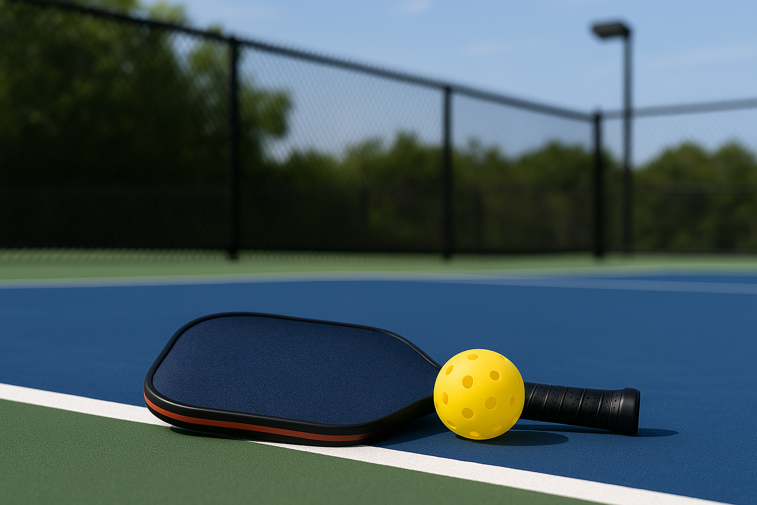 Pickleball paddle and ball on court