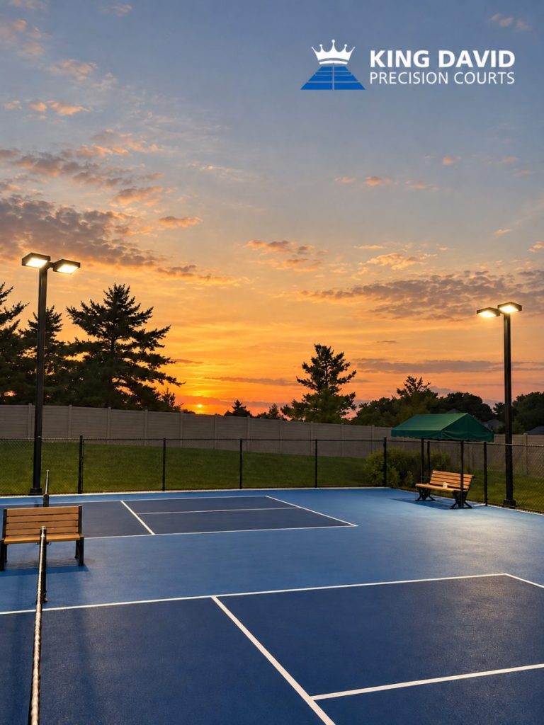 A blue outdoor court is lit by tall lights with benches, fencing and a small canopy visible under a colorful sunset and a company logo in the corner.