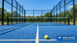 A blue enclosed racquet court with a central net, glass perimeter walls, scattered tennis balls, and a company logo in the lower-right corner.