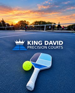 A pickleball paddle and a perforated ball rest on a blue court with a net, players in the background, and the King David Precision Courts logo visible at sunset.