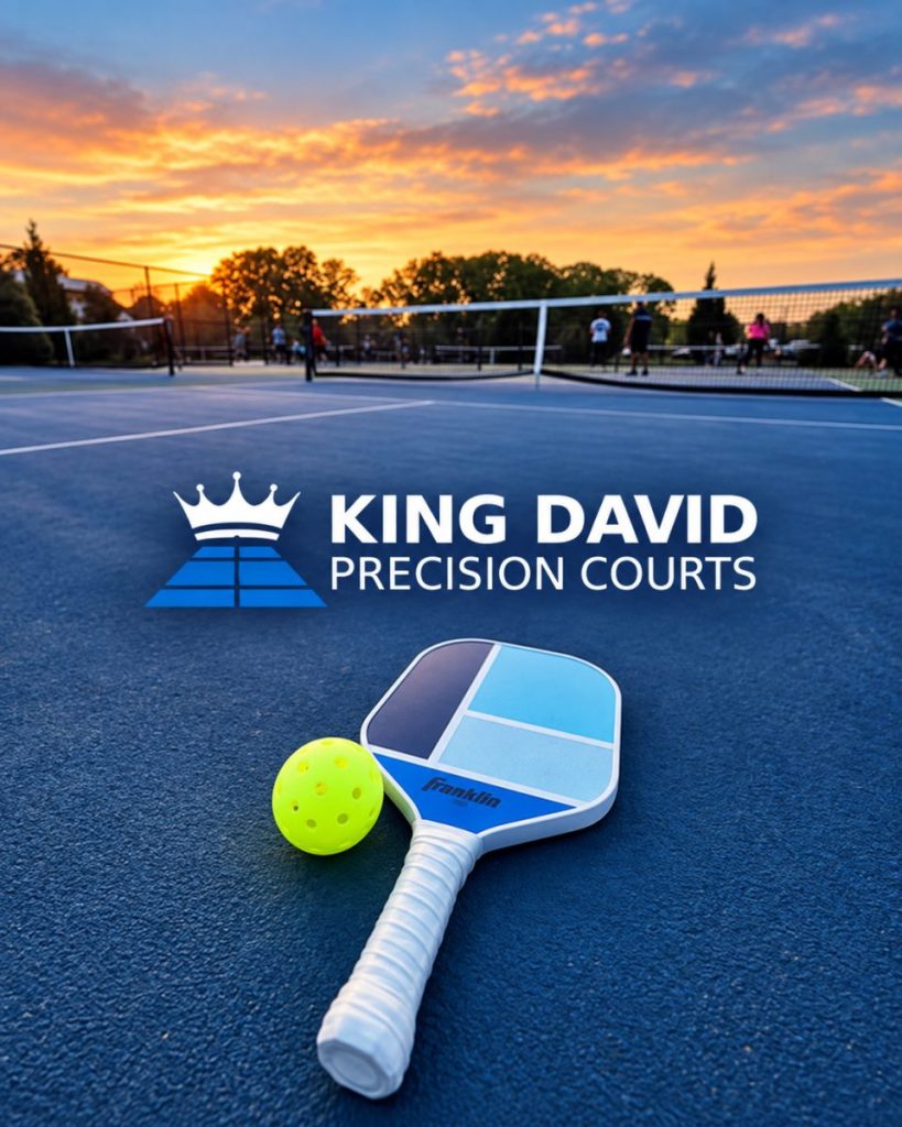 A pickleball paddle and a perforated ball rest on a blue court with a net, players in the background, and the King David Precision Courts logo visible at sunset.
